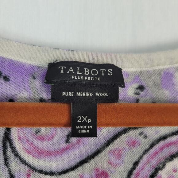 Talbots Merino Wool Gathered Shoulder Paisley Sweater Top size 2XP purple office - Picture 4 of 7